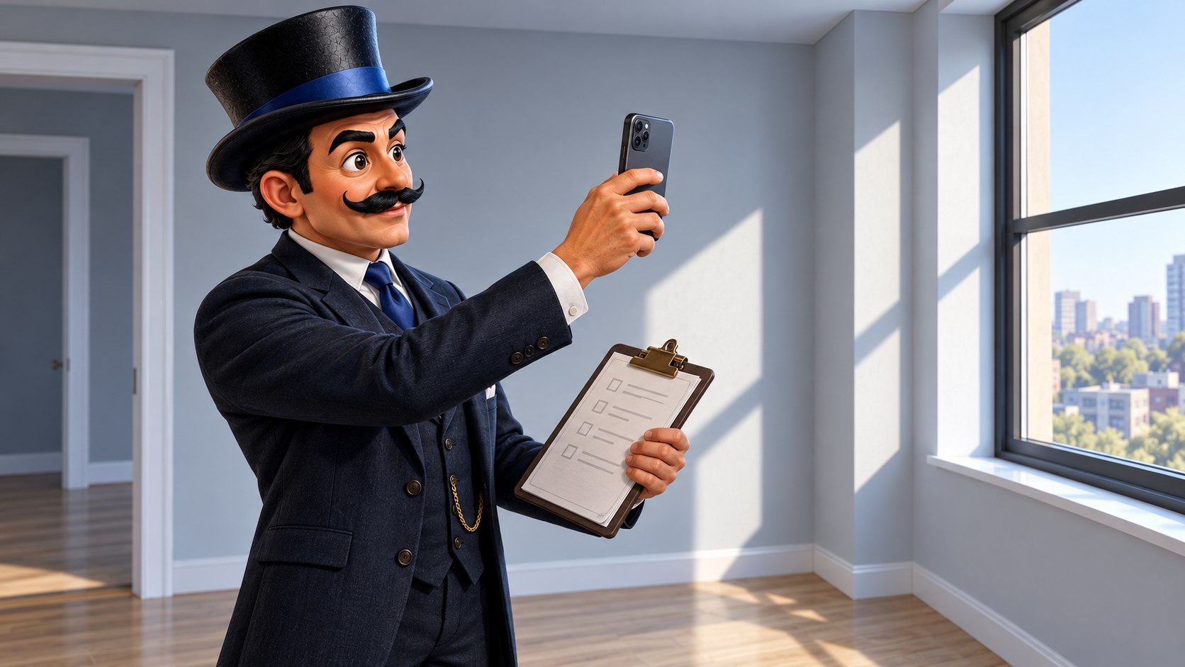 Satoshi fotografía una pared de una vivienda mientras sostiene una lista de comprobación, con expresión atenta.