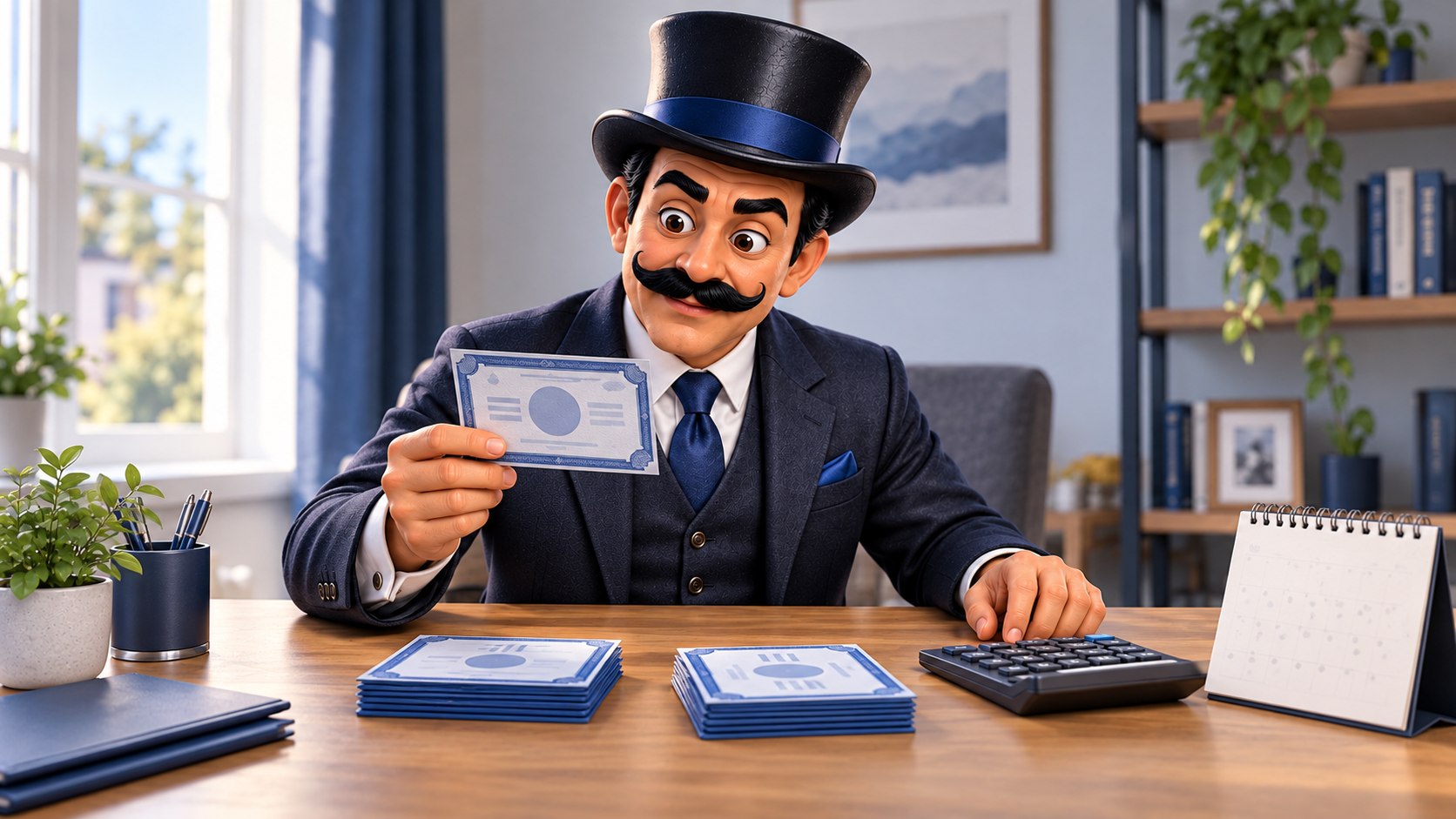 Satoshi compara tarjetas de acciones junto a una calculadora y un calendario.