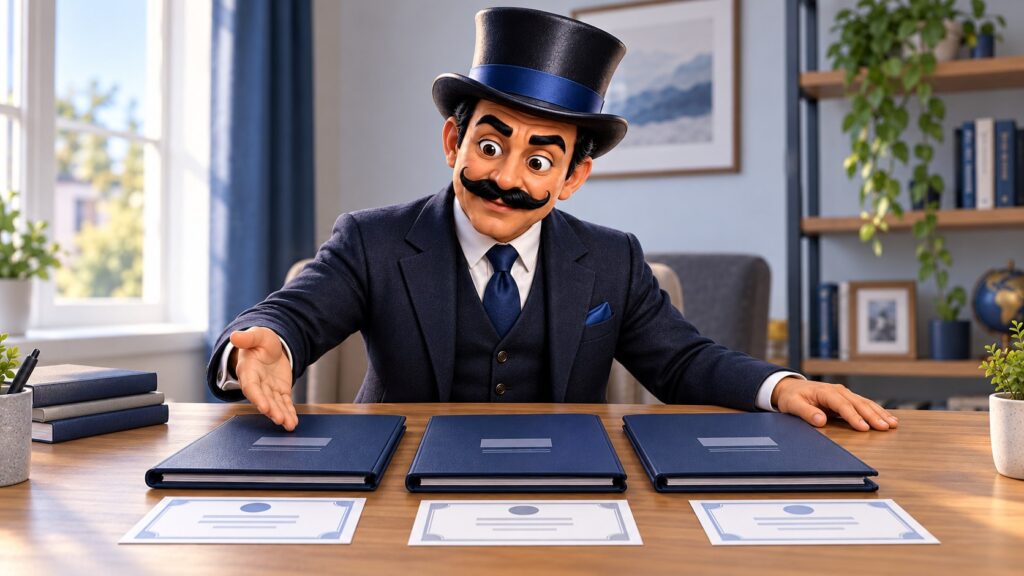 Satoshi organiza tres carpetas y tarjetas de acciones sobre una mesa.