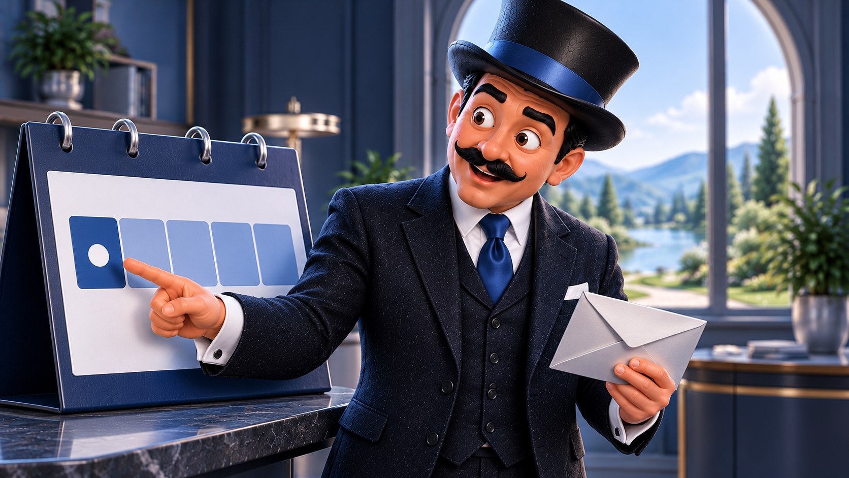Satoshi señala un marcador al principio de un calendario azul mientras sostiene un sobre plateado, con expresión de sorpresa contenida.