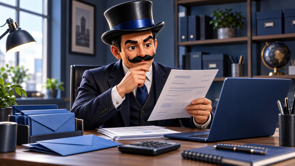 Satoshi revisa una factura en una mesa de trabajo con un portátil y sobres azules, con expresión concentrada.
