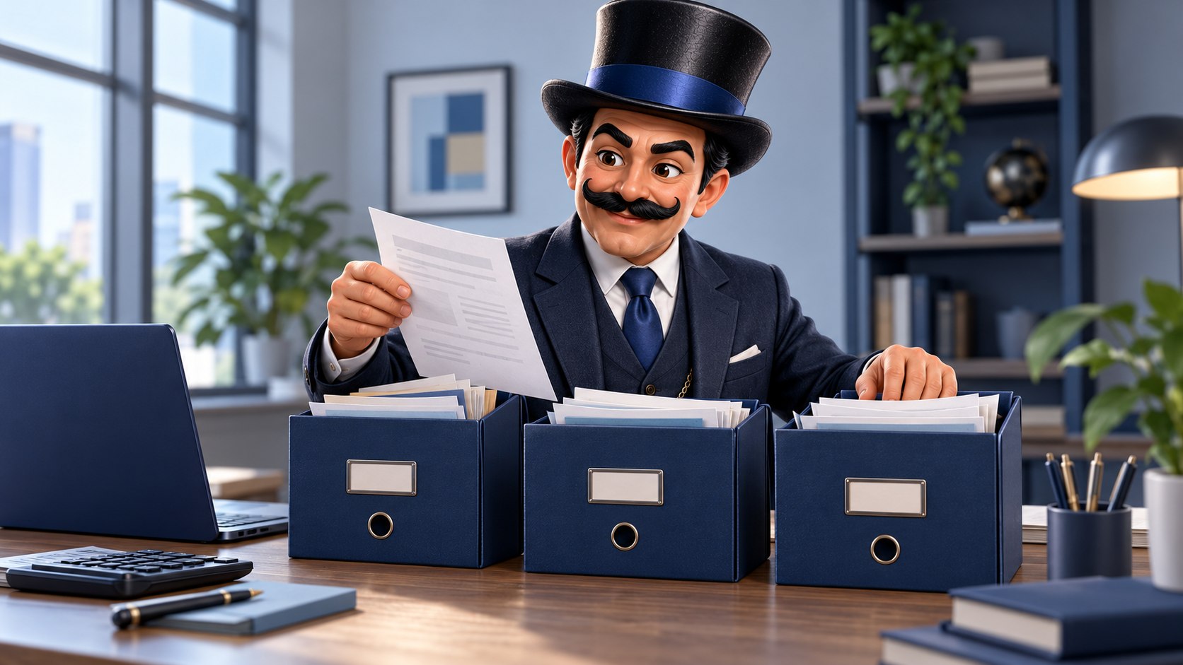 Satoshi separa documentos entre tres archivadores azules junto a una calculadora, con expresión decidida.
