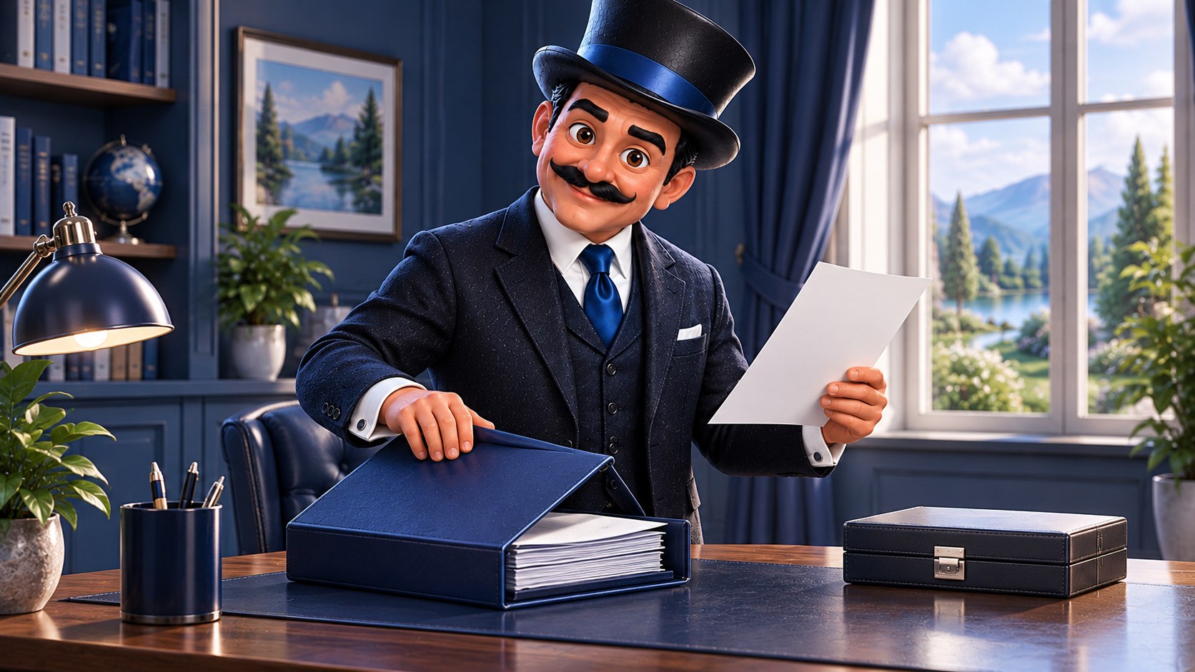 Satoshi revisa un justificante mientras cierra una carpeta azul, con una sonrisa leve de satisfacción.
