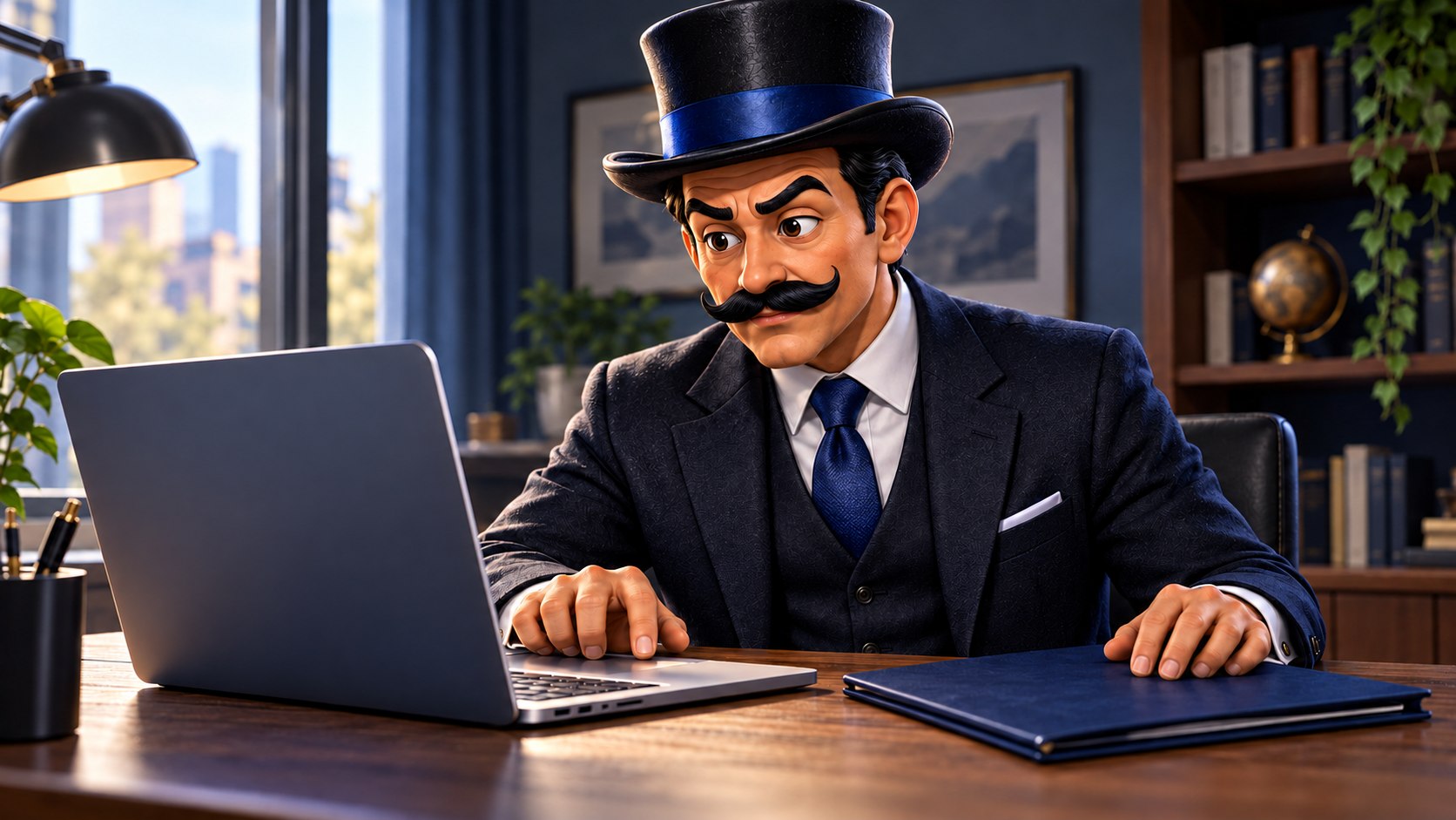 Satoshi consulta un aviso en un portátil junto a una carpeta azul, con expresión de preocupación contenida.