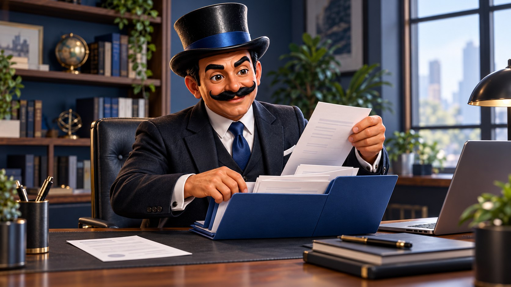 Satoshi reúne documentos en una carpeta y conserva un justificante aparte, con gesto decidido.