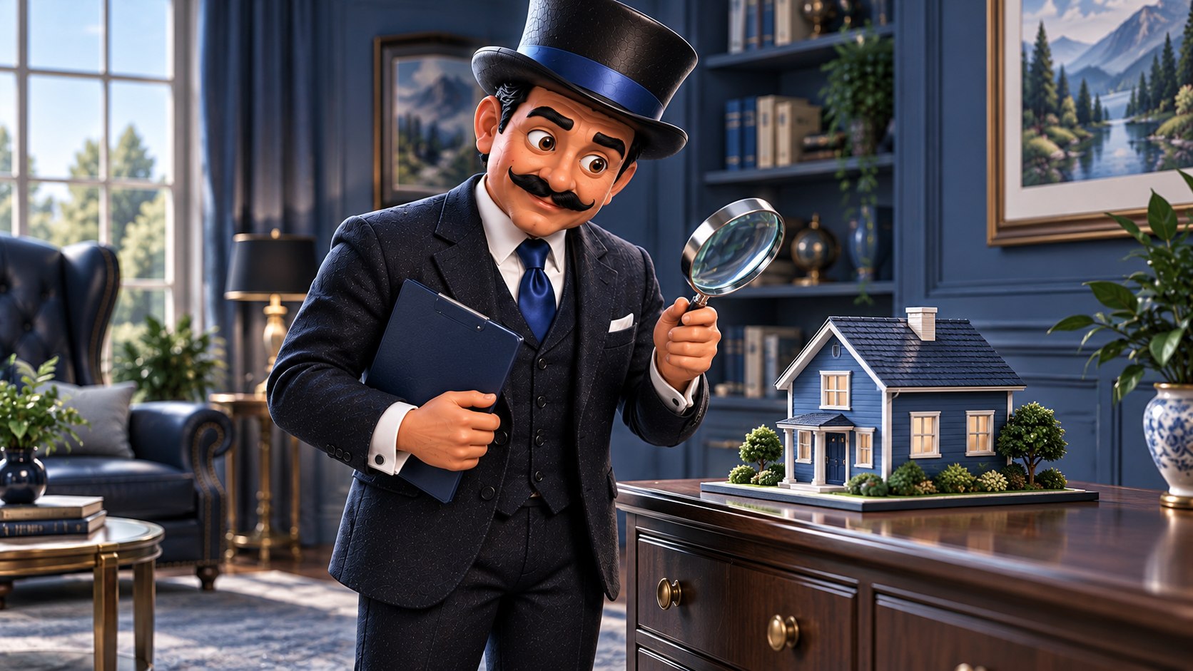 Satoshi examina una casa azul con una lupa plateada mientras sostiene una carpeta de seguro, con expresión escéptica y atenta.