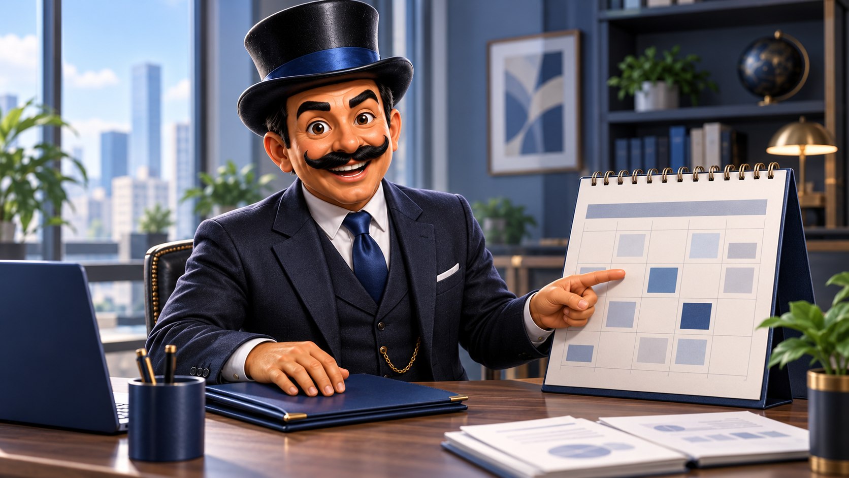 Satoshi señala un calendario junto a una carpeta de inversión, con una leve sonrisa explicativa.