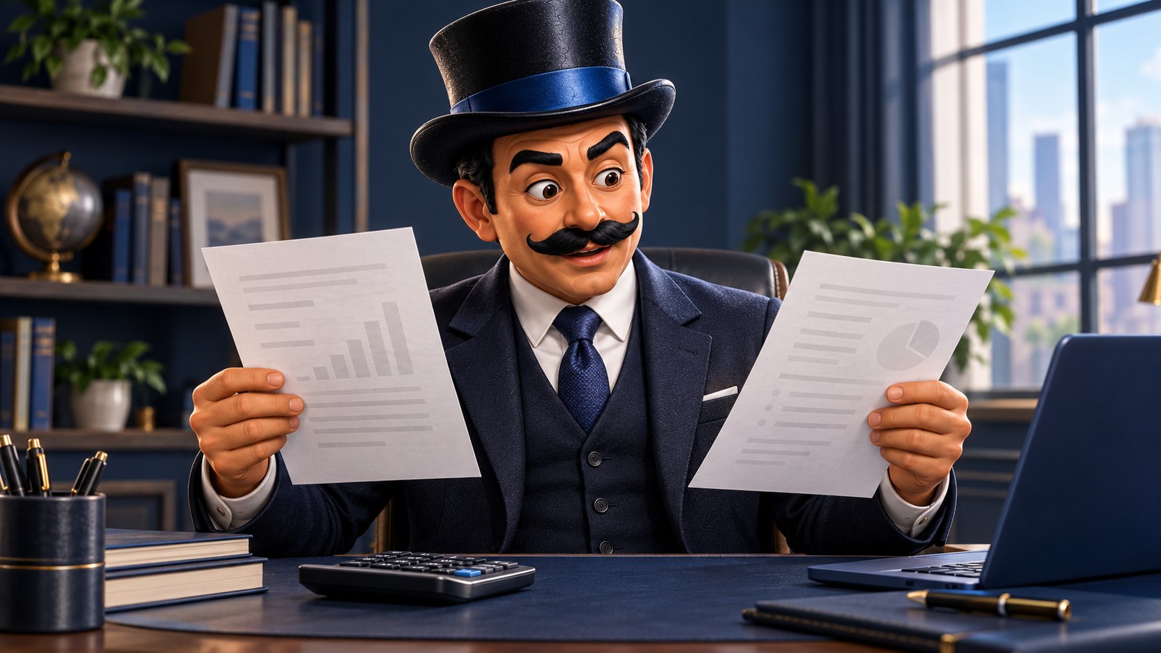 Satoshi compara dos documentos sobre una mesa azul, con expresión de sorpresa contenida.
