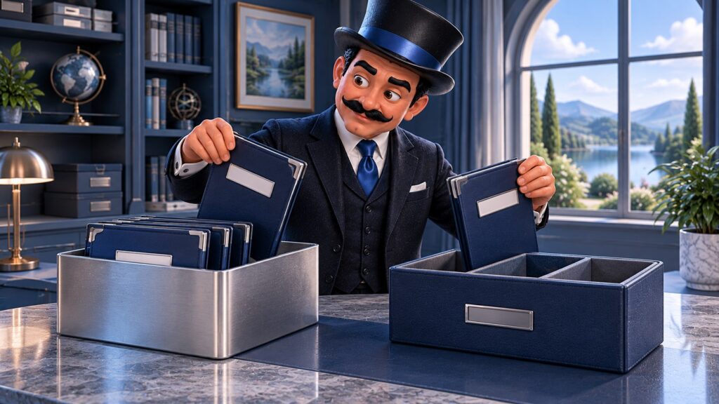 Satoshi compara carpetas azules entre dos cajas de archivo, con expresión rigurosa y concentrada.
