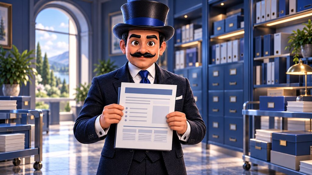 Satoshi sostiene un informe con ambas manos en un archivo azul, con expresión seria y tranquila.