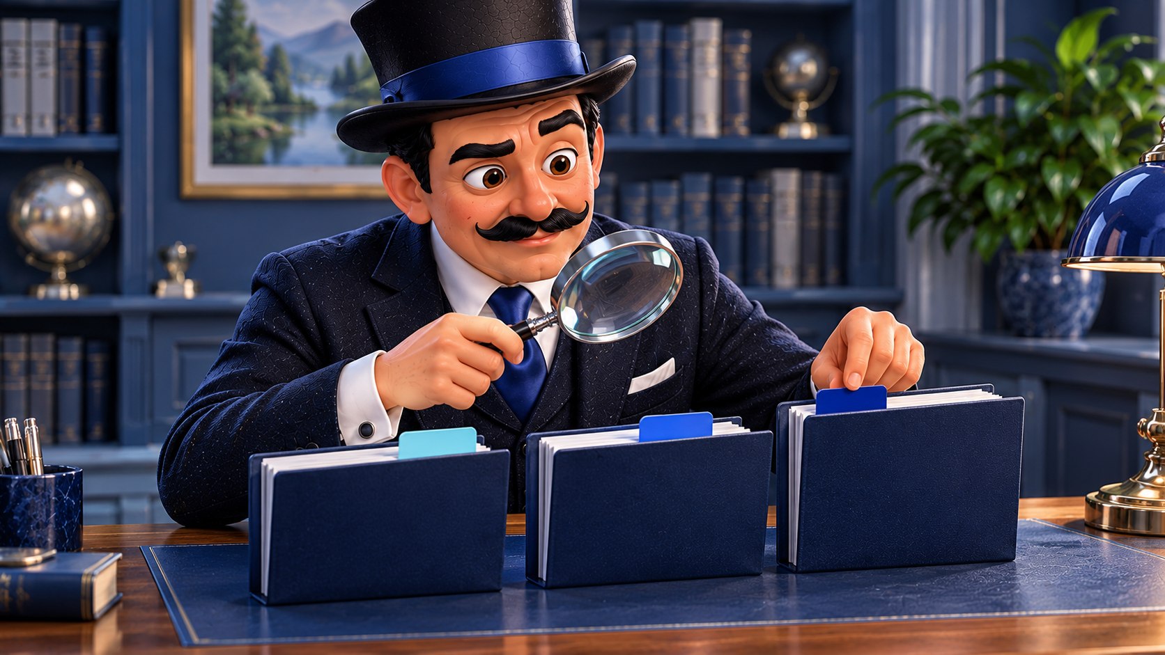 Satoshi examina con una lupa tres carpetas parecidas con pestañas azules distintas, con expresión curiosa y una ceja elevada.