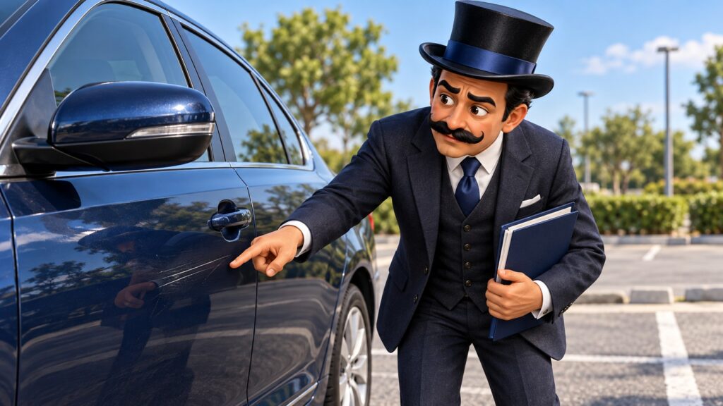 Satoshi observa un pequeño roce en la puerta de un coche azul aparcado, con expresión de preocupación moderada.