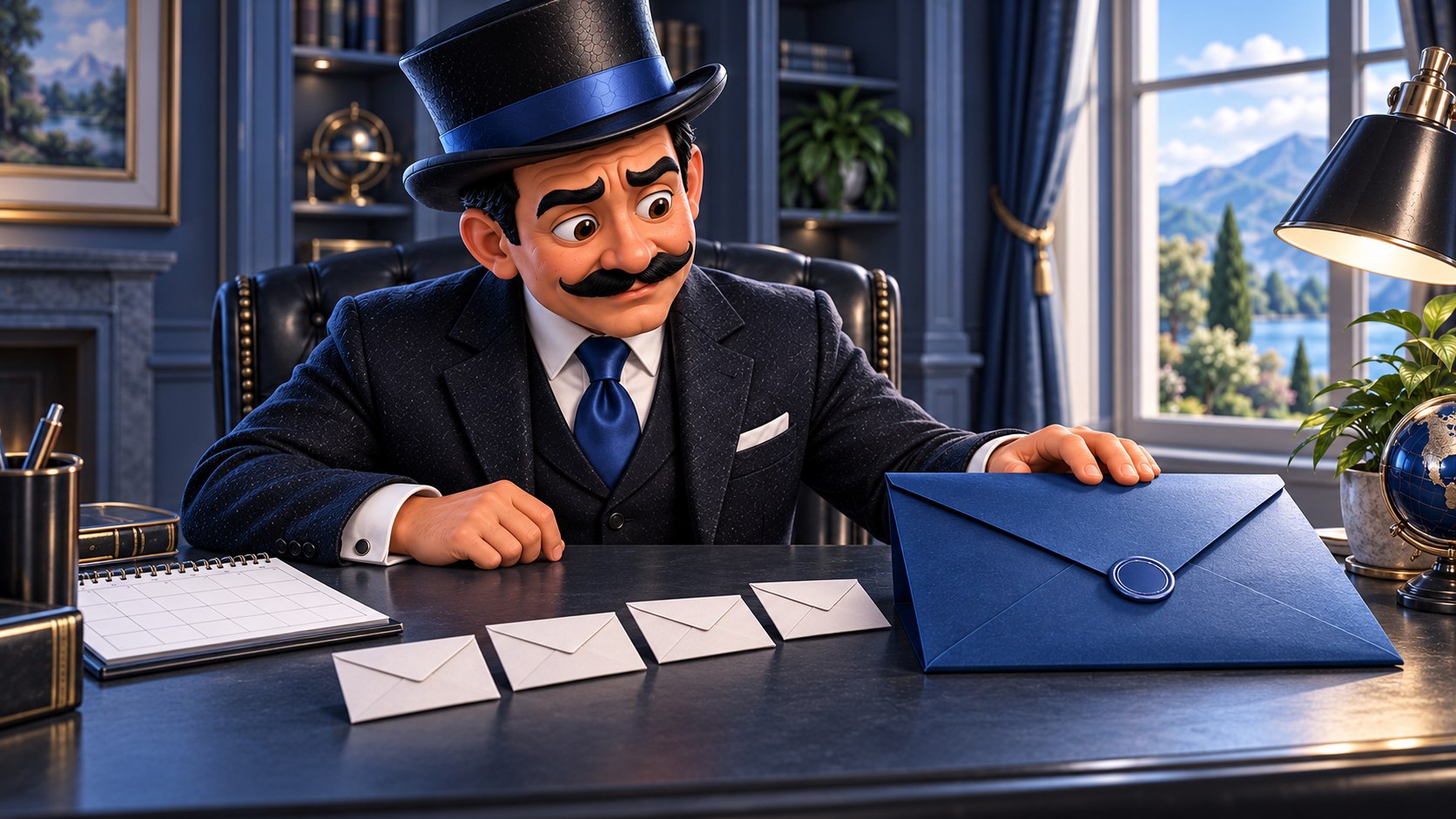 Satoshi observa con preocupación un sobre azul grande junto a varios sobres pequeños y un calendario sin cifras.