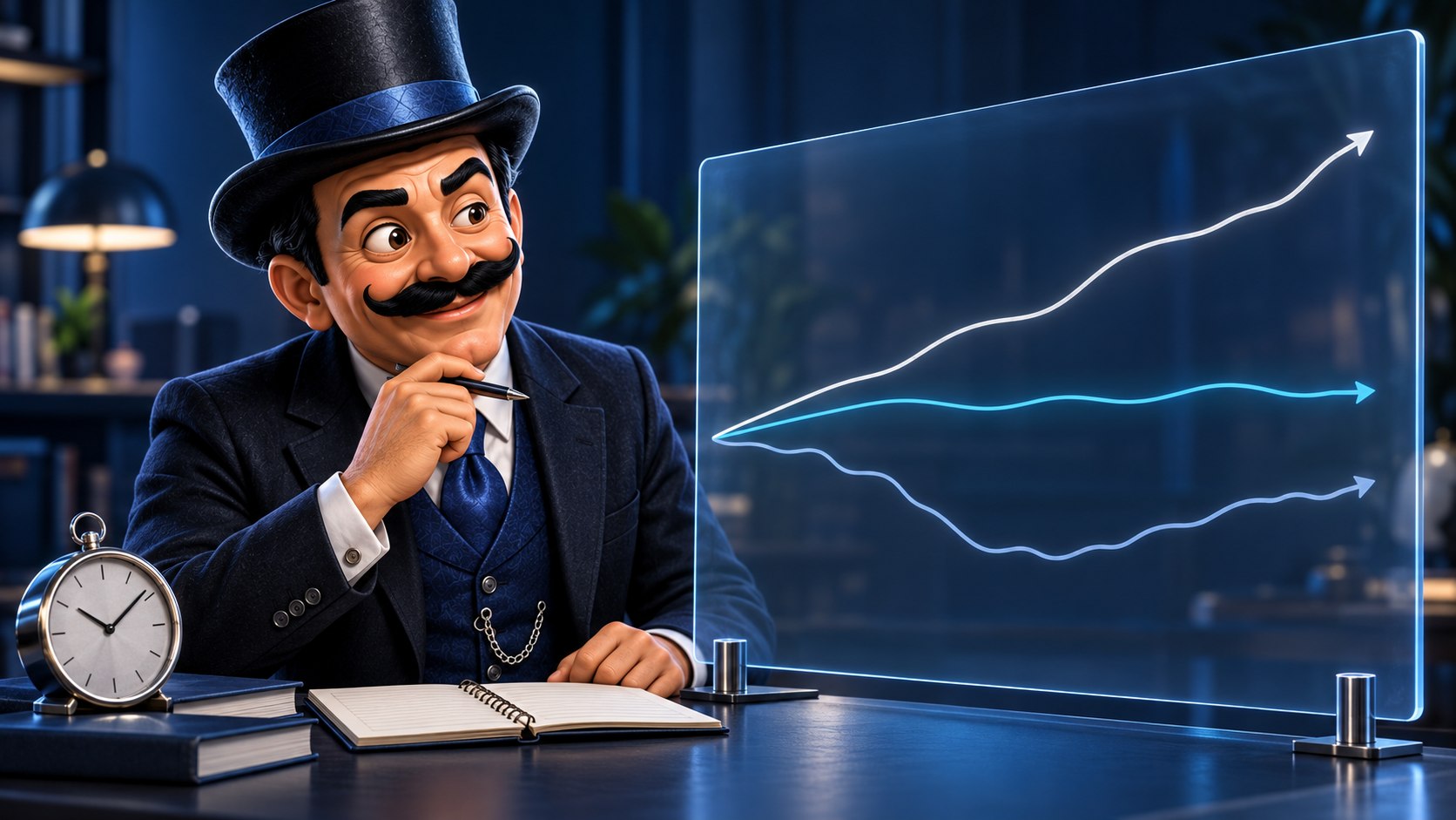 Satoshi compara tres trayectorias ilustradas, creciente, plana y con pérdidas, sobre un panel azul transparente.