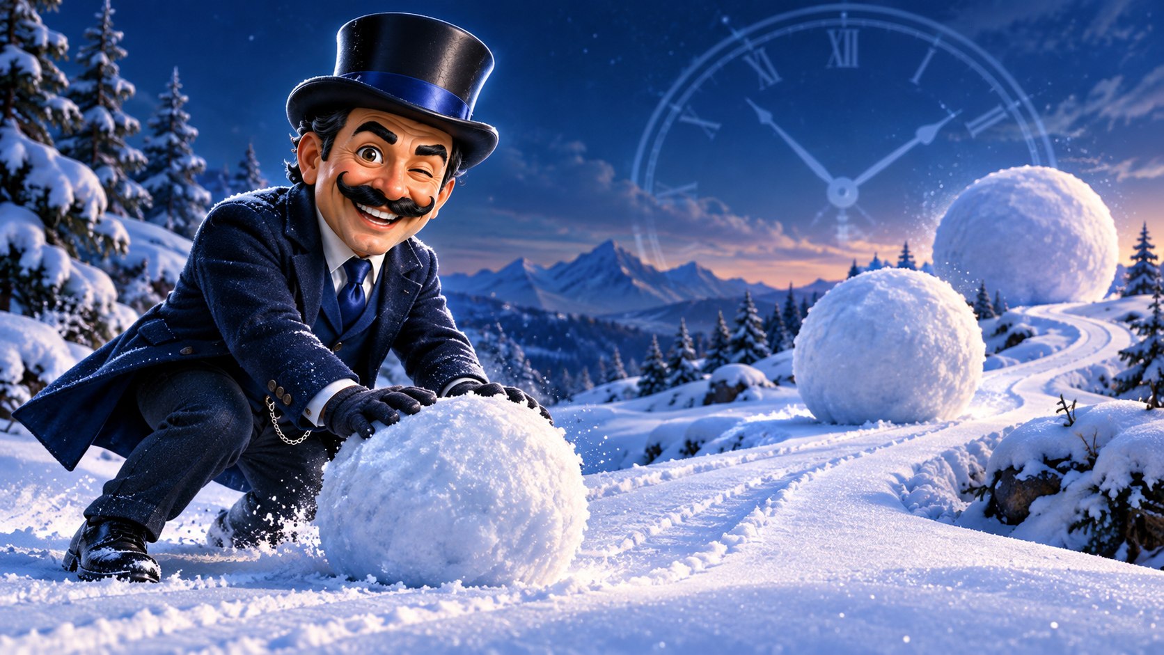 Satoshi, vestido en azul noche, hace rodar una bola de nieve mientras otras mayores simbolizan la acumulación con el tiempo.