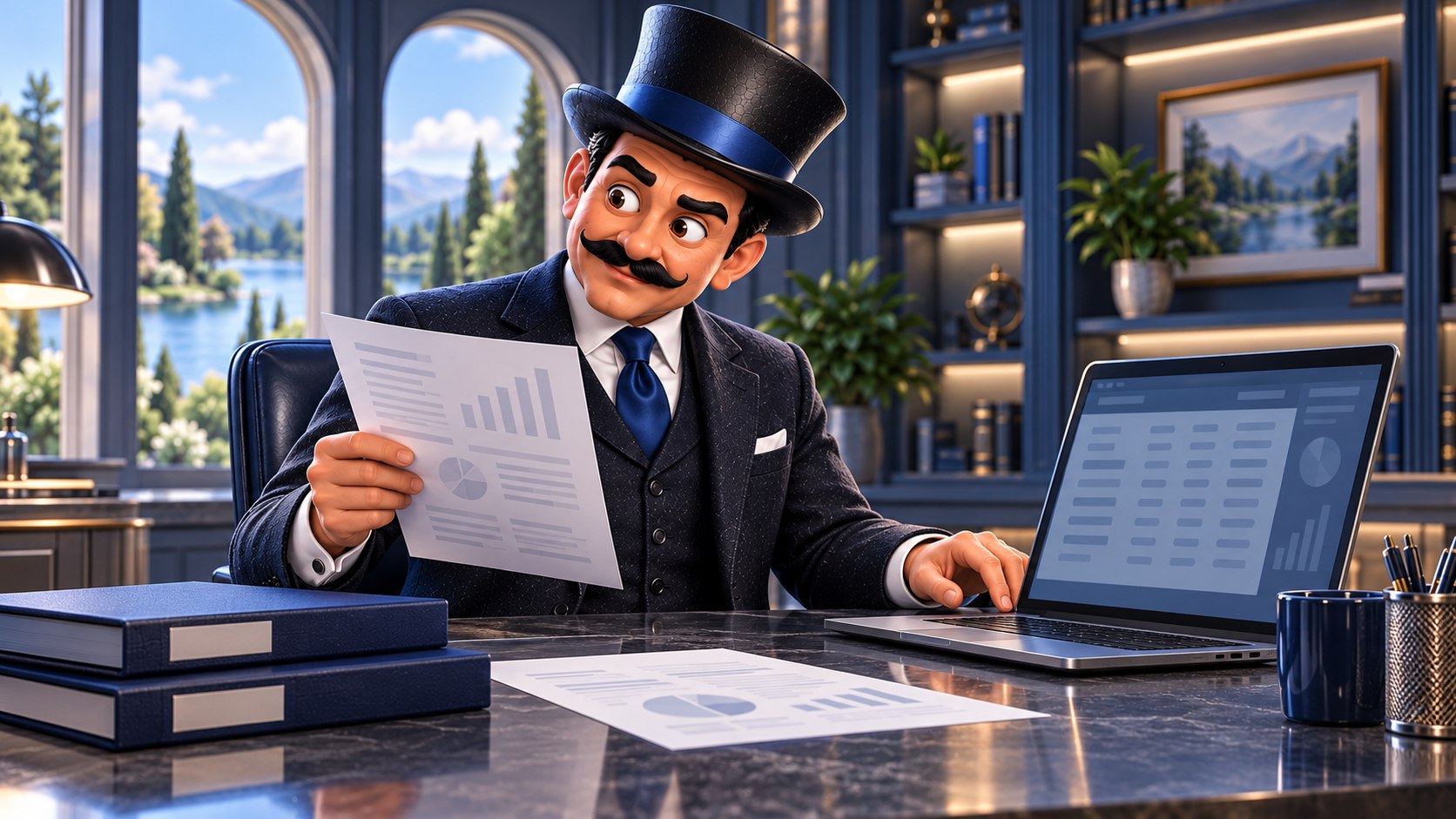 Satoshi compara un documento con un portátil y dos carpetas azules, con expresión de comprobación atenta.