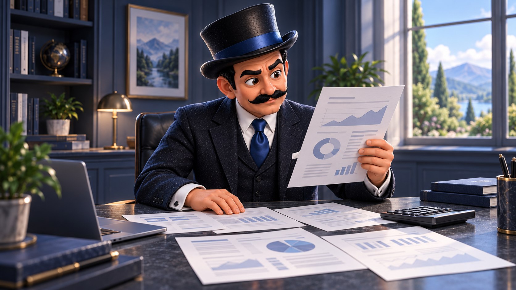 Satoshi examina varias hojas junto a una calculadora en un escritorio azul, con gesto serio.