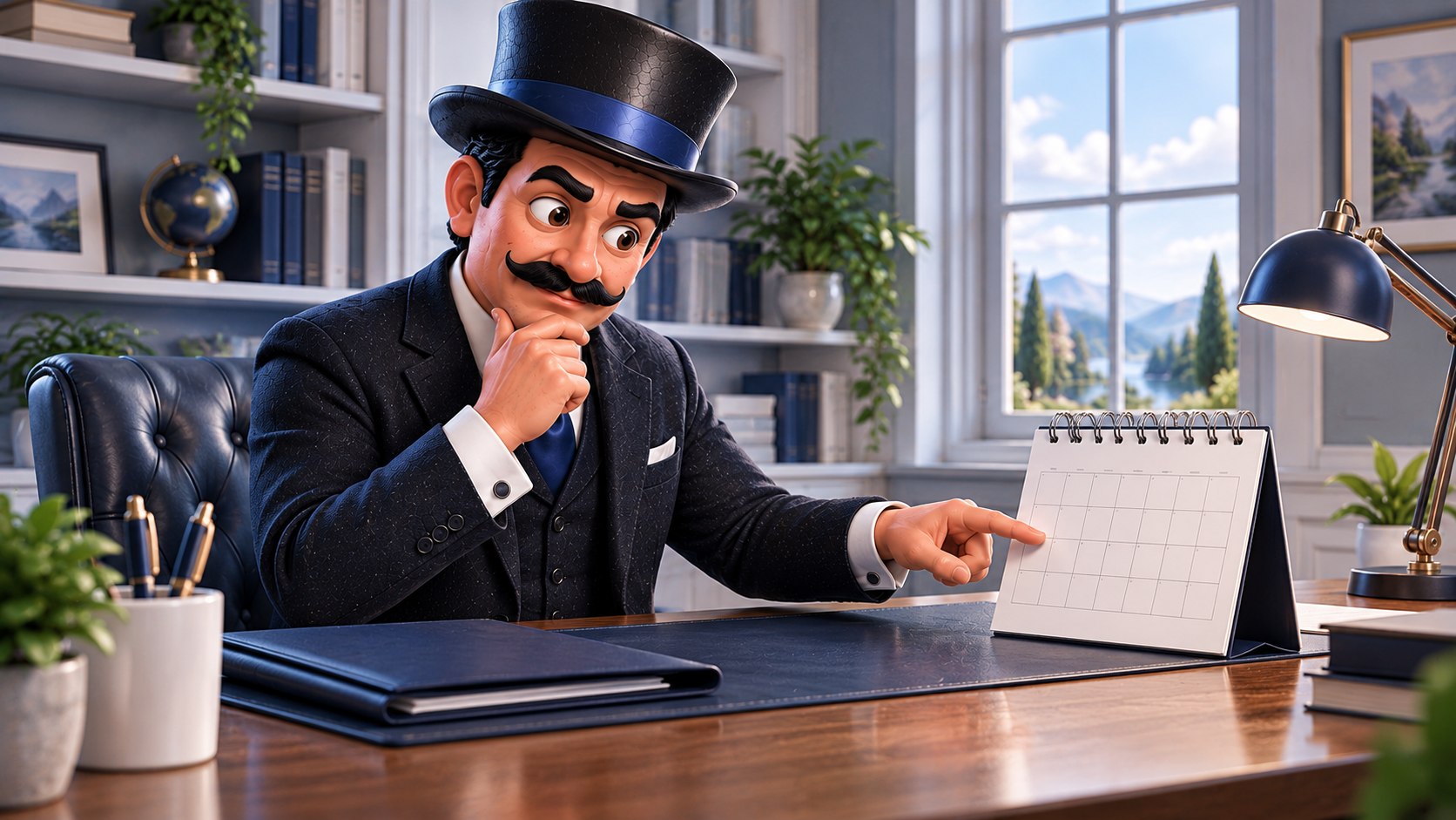 Satoshi señala un calendario de mesa junto a una carpeta azul, con gesto de atención crítica.