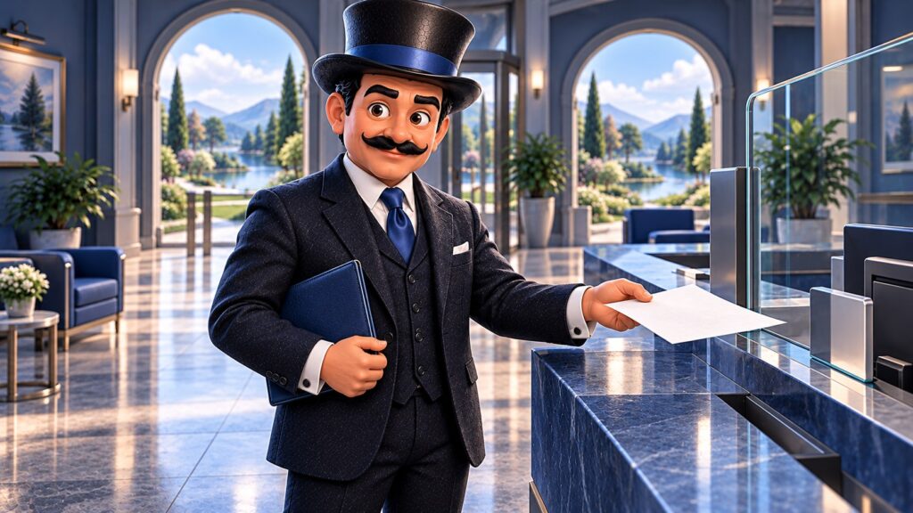 Satoshi entrega una solicitud en un mostrador bancario mientras sostiene una carpeta azul, con expresión serena.