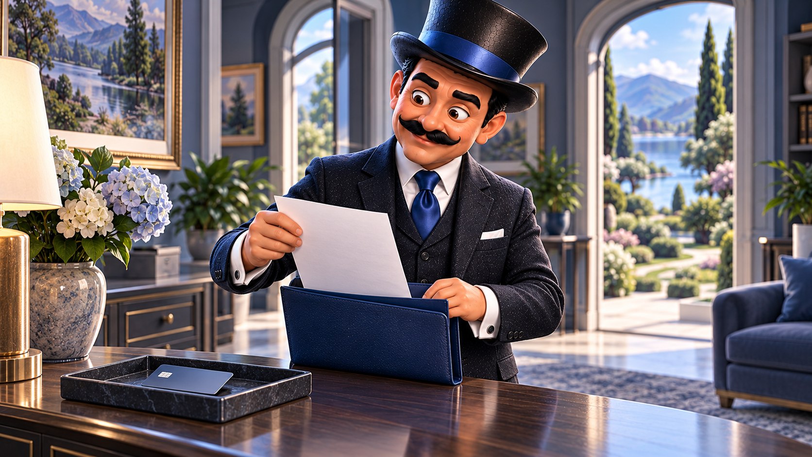 Satoshi guarda una confirmación en una carpeta azul junto a una tarjeta bancaria, con una leve sonrisa de alivio.