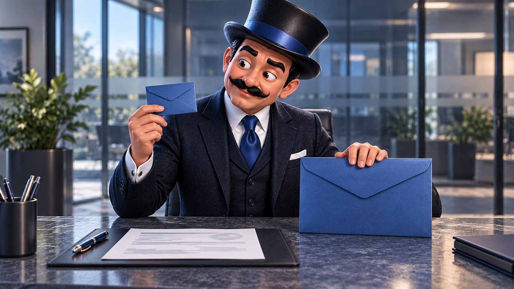 Satoshi compara dos sobres azules de distinto tamaño junto a un documento bancario, con expresión curiosa.