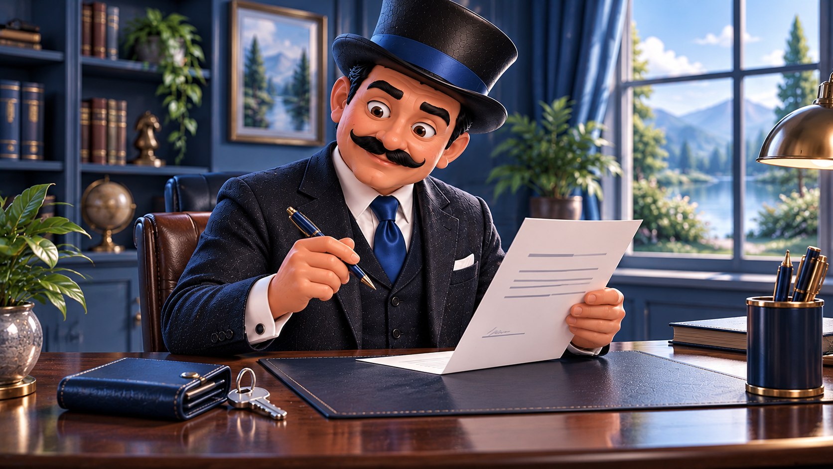 Satoshi revisa un documento de autorización con un bolígrafo, junto a una llave y una cartera azul.