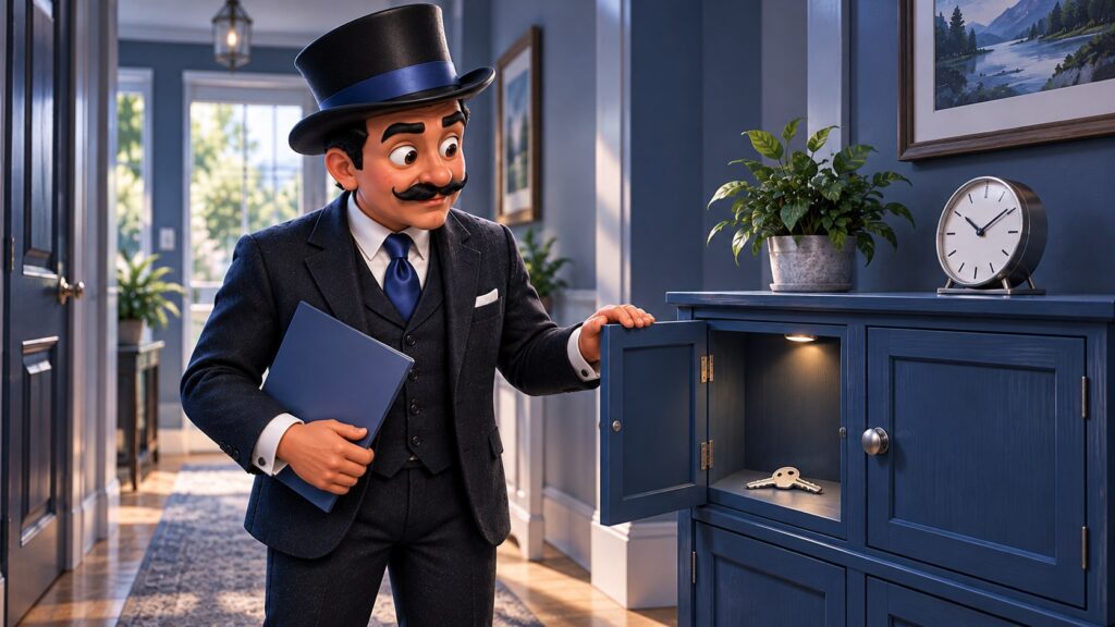 Satoshi observa con atención un mueble azul con un compartimento abierto, una llave y un reloj sobre la parte cerrada.