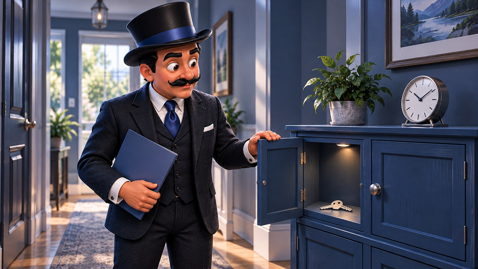 Satoshi observa con atención un mueble azul con un compartimento abierto, una llave y un reloj sobre la parte cerrada.