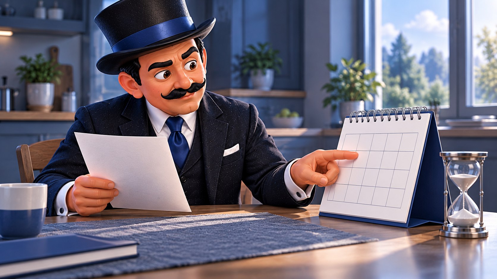 Satoshi compara una hoja con un calendario sin números y señala una fecha junto a un reloj de arena.