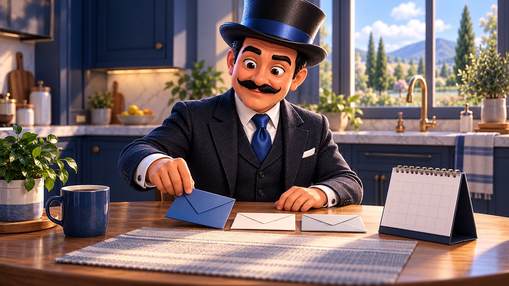 Satoshi organiza sobres azules junto a un calendario en una mesa de cocina, con una sonrisa de alivio.