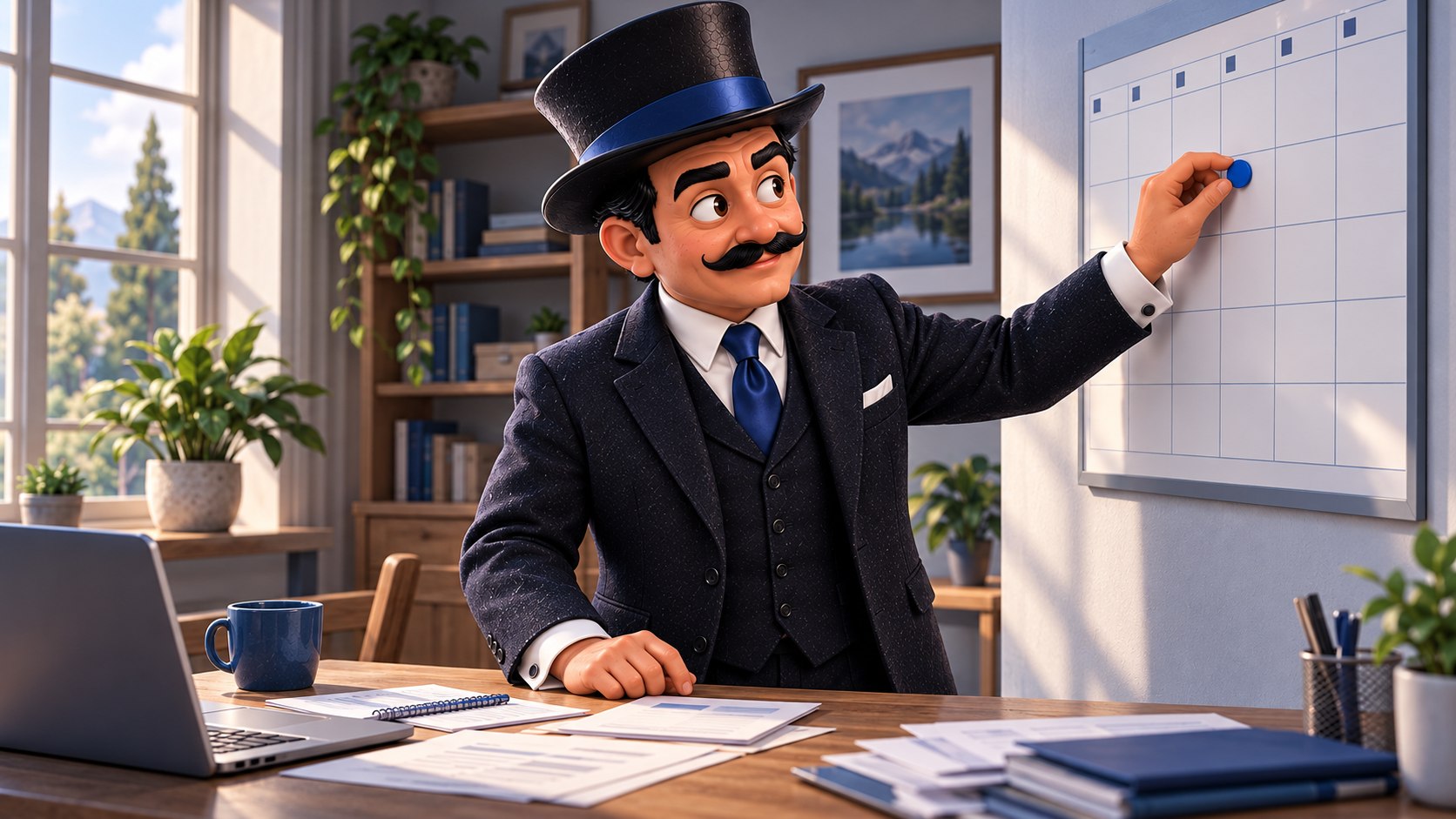 Satoshi coloca una ficha azul en un calendario de pared junto a una mesa con facturas, con gesto decidido.