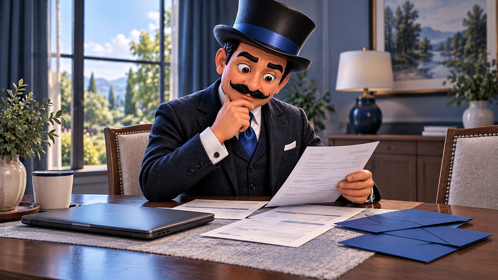 Satoshi revisa documentos domésticos junto a un portátil cerrado y tres sobres azules, con expresión concentrada.