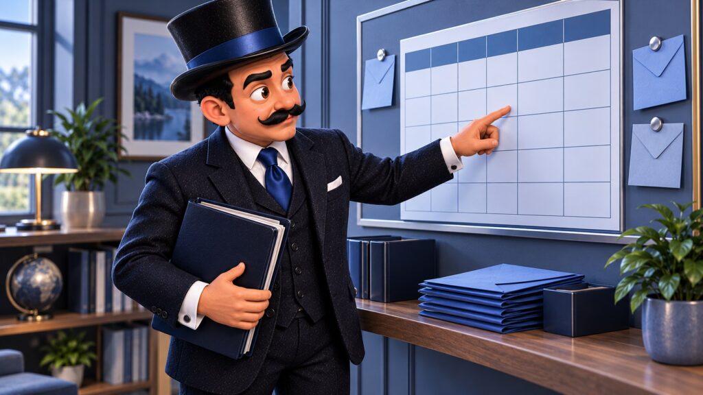 Satoshi sostiene una carpeta azul y señala un calendario sin cifras junto a varios sobres, con expresión seria y atenta.