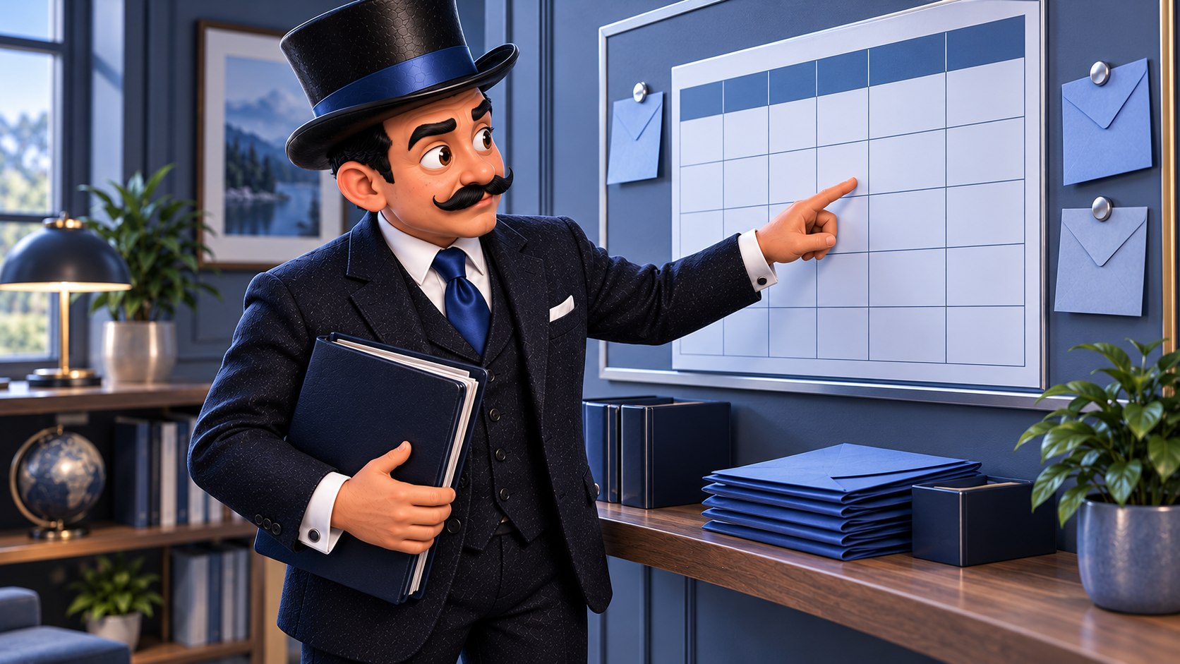 Satoshi sostiene una carpeta azul y señala un calendario sin cifras junto a varios sobres, con expresión seria y atenta.