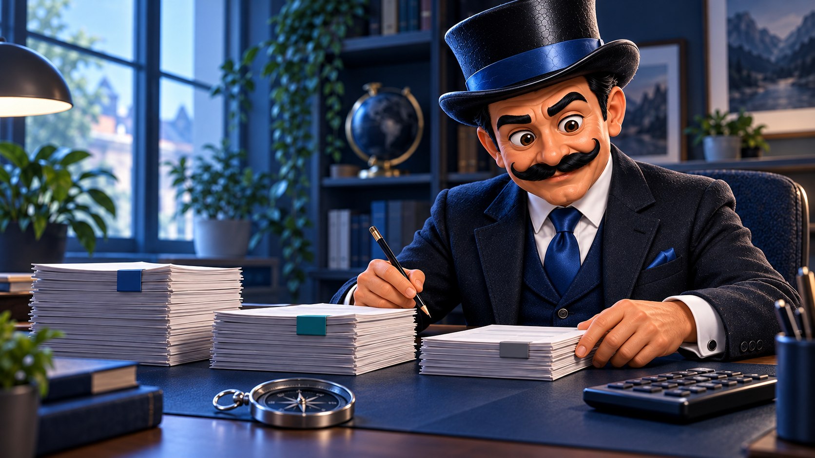 Satoshi, con ambos ojos abiertos y expresión concentrada, ordena documentos de deuda junto a una calculadora.