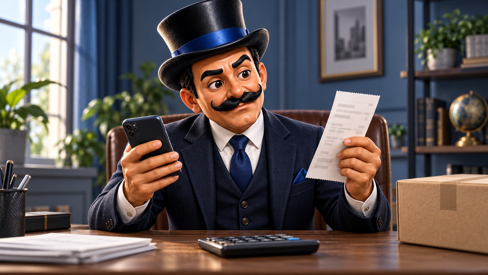 Satoshi compara un recibo y su móvil junto a una calculadora, con expresión reflexiva.