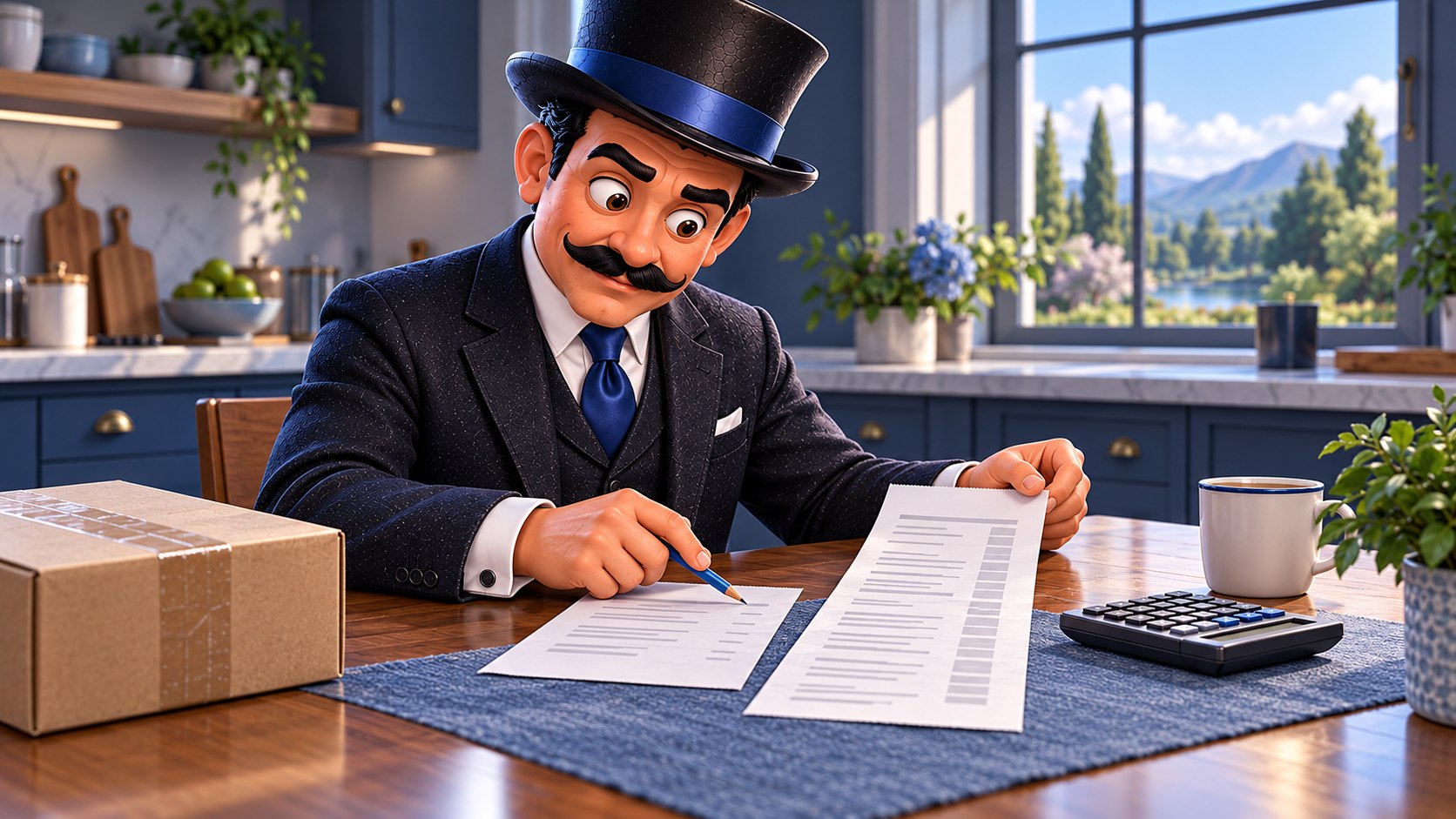 Satoshi contrasta un recibo de devolución y un estado de financiación junto a una calculadora, con gesto concentrado.
