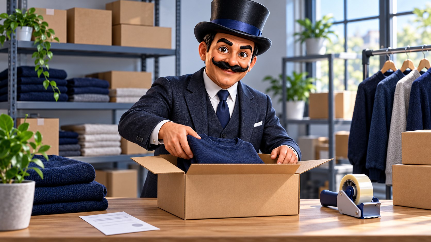 Satoshi coloca un producto en una caja abierta junto a su recibo, con expresión cuidadosa.