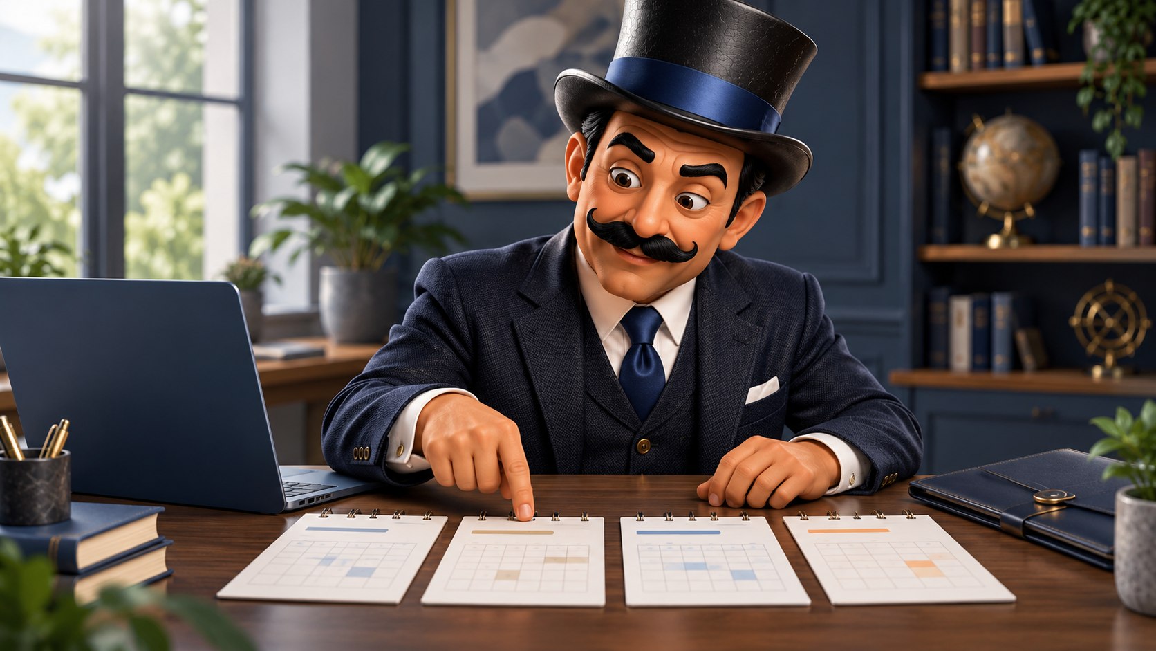 Satoshi observa cuatro tarjetas de calendario junto a una carpeta azul, con expresión curiosa.