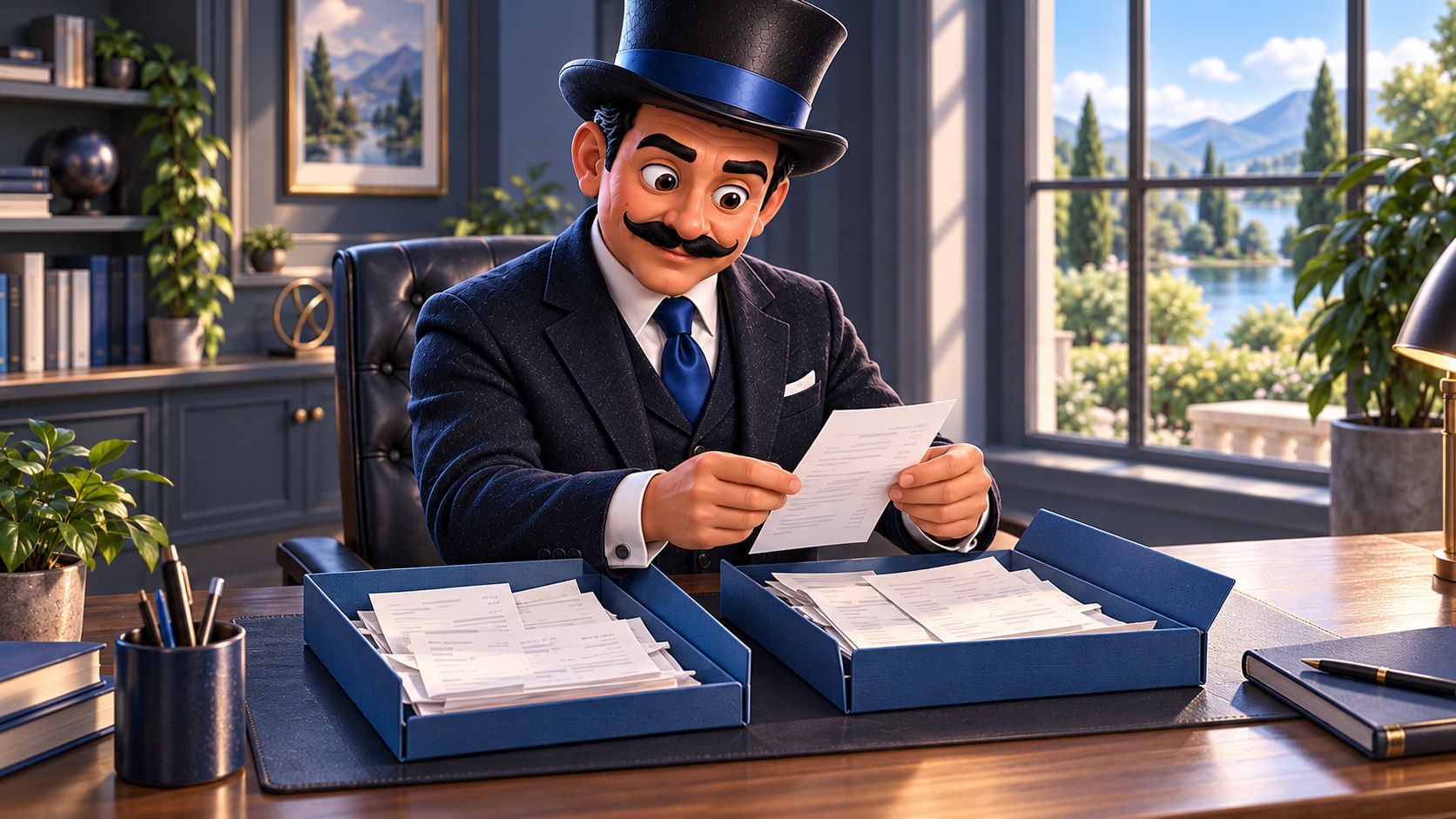 Satoshi clasifica justificantes en dos bandejas azules sobre un escritorio, con expresión serena y atenta.