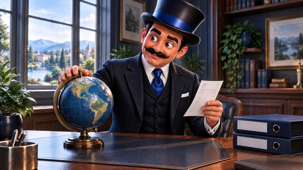 Satoshi observa un globo terráqueo junto a dos carpetas azules y un justificante, con expresión curiosa.