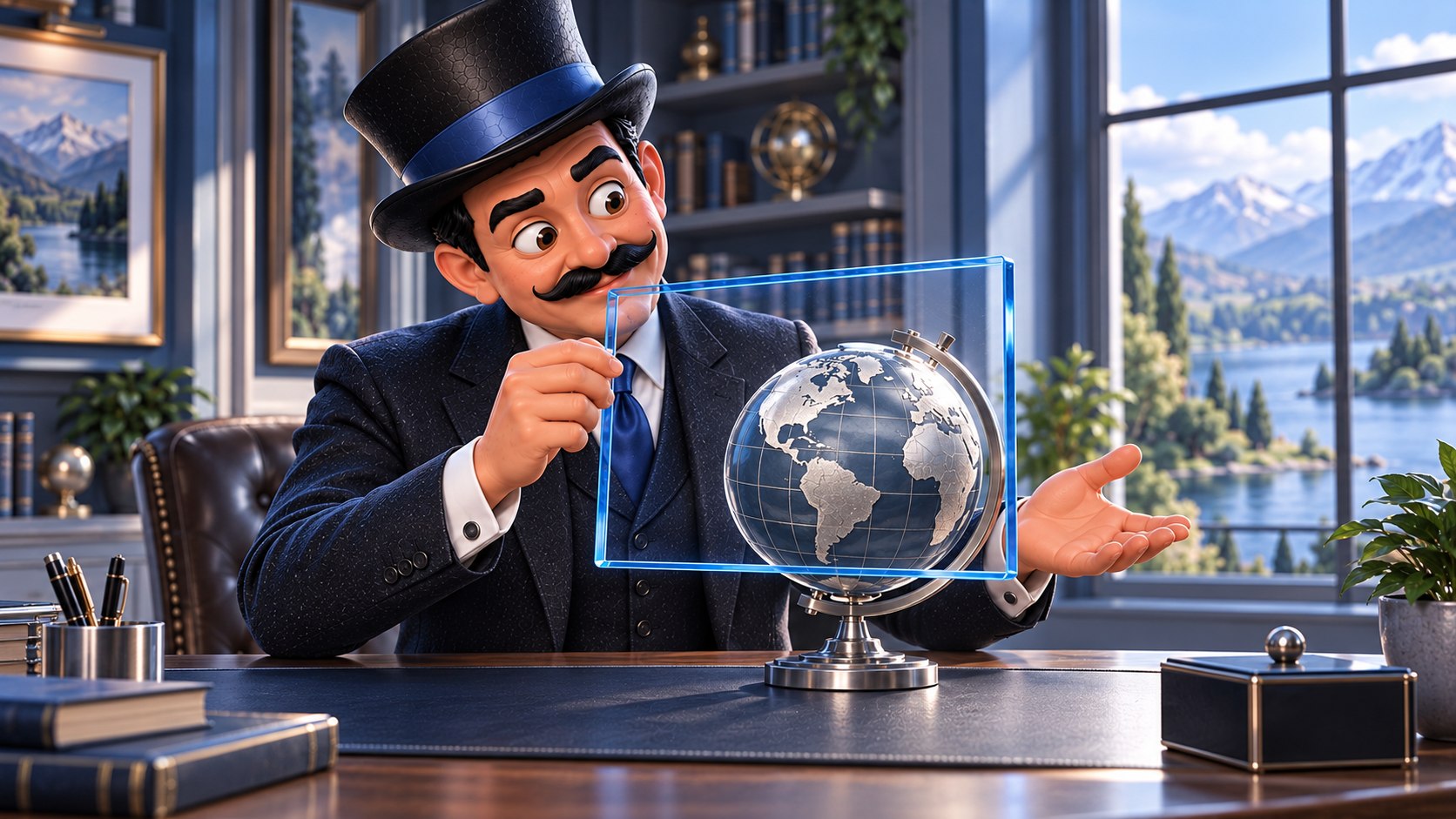 Satoshi sostiene un marco transparente azul ante un globo plateado, con cabeza inclinada y expresión curiosa.