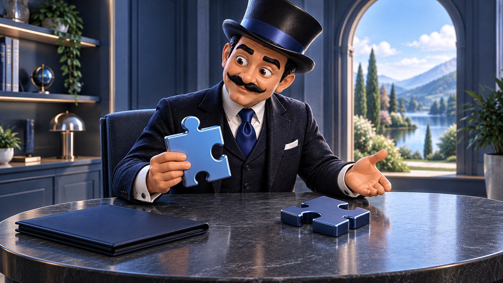 Satoshi presenta dos piezas azules de puzle junto a una carpeta, con sonrisa discreta y gesto explicativo.
