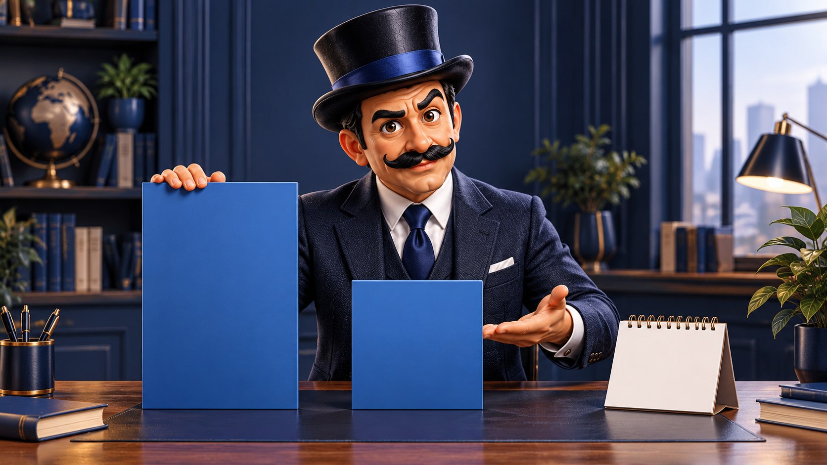 Satoshi organiza dos paneles azules sobre una mesa junto a un calendario, con expresión analítica.