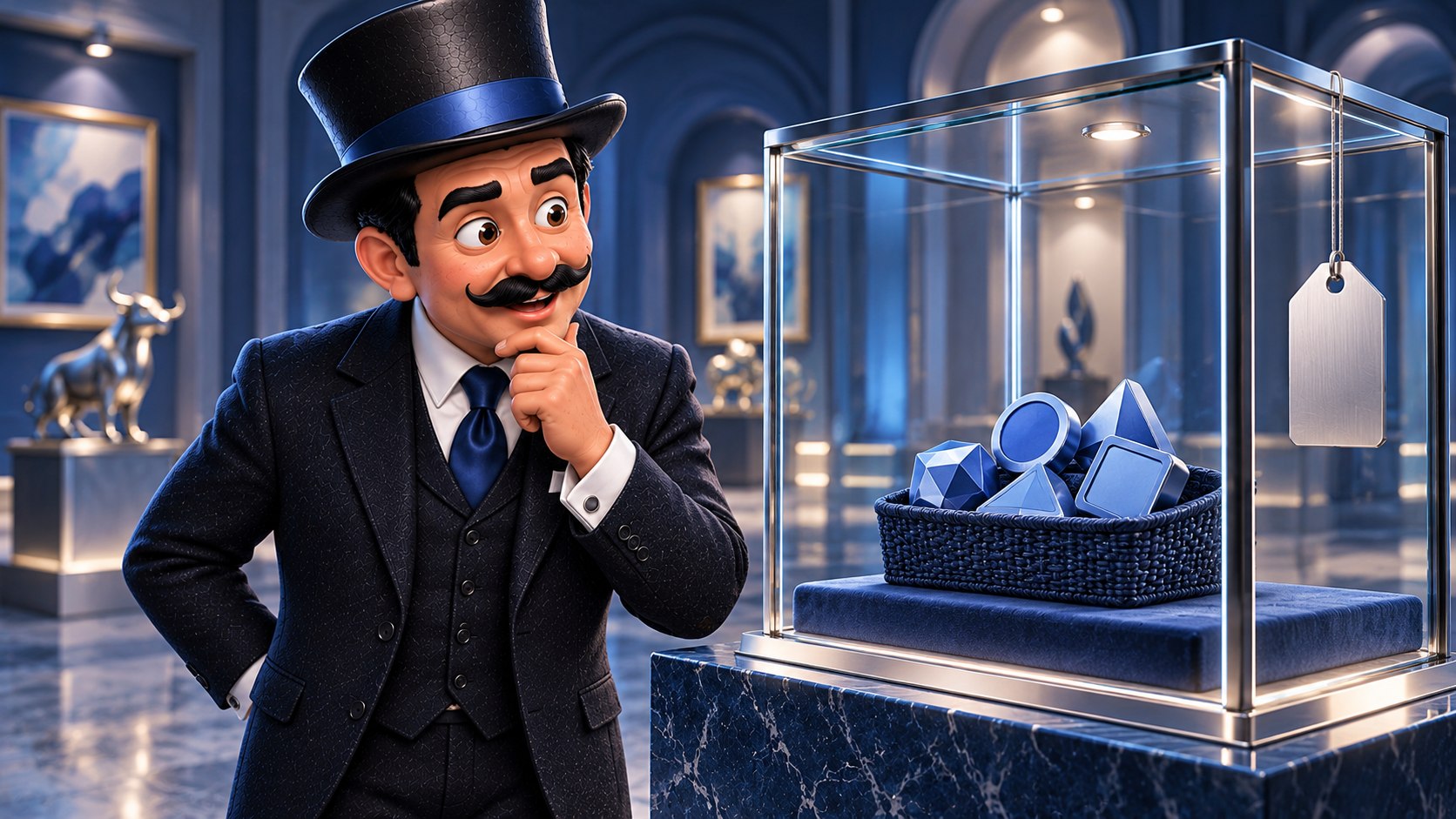 Satoshi observa una cesta de piezas azules dentro de una vitrina y una etiqueta de precio exterior, con gesto curioso.