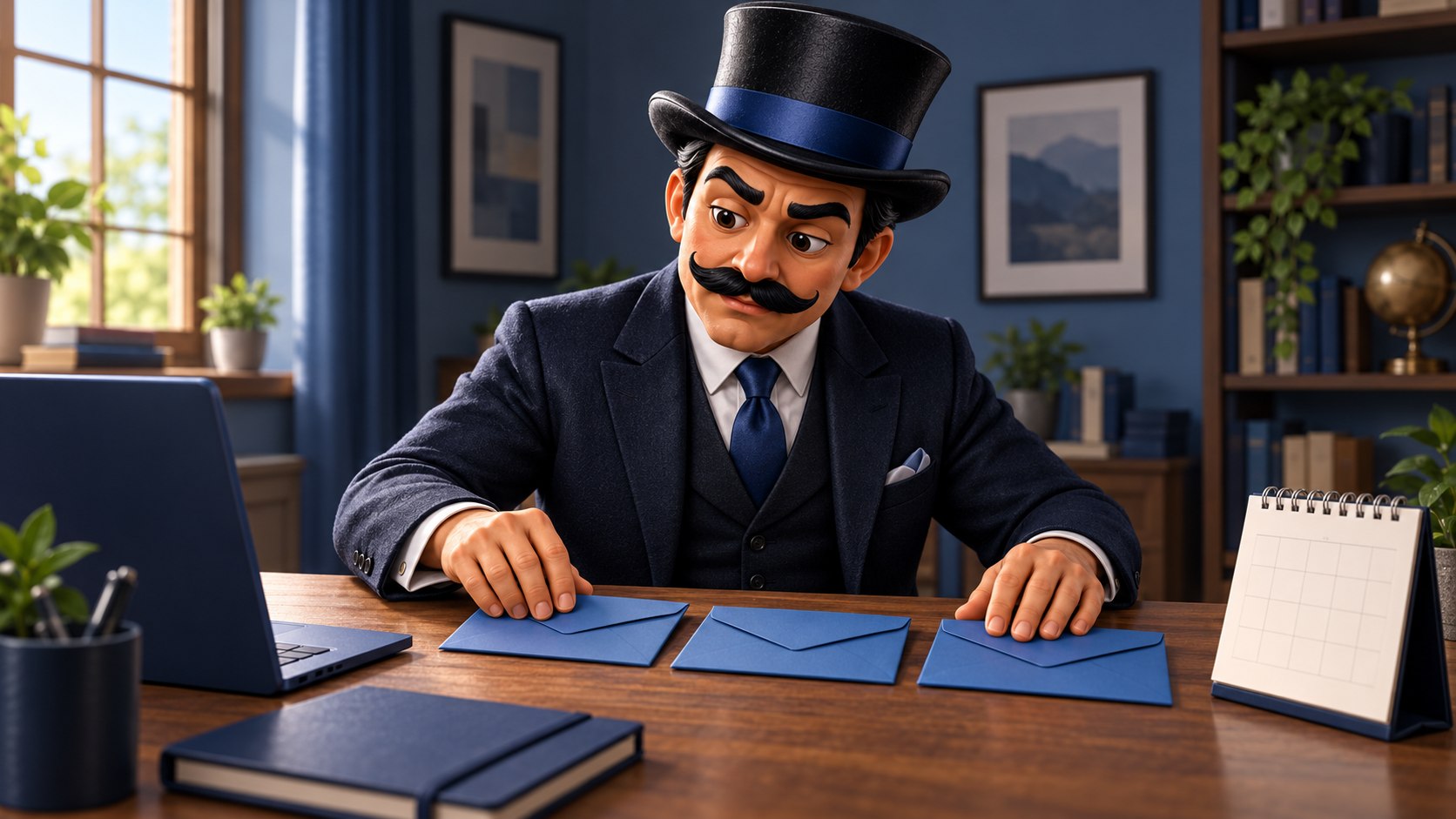 Satoshi organiza tres sobres azules junto a un calendario y una carpeta, con expresión reflexiva.