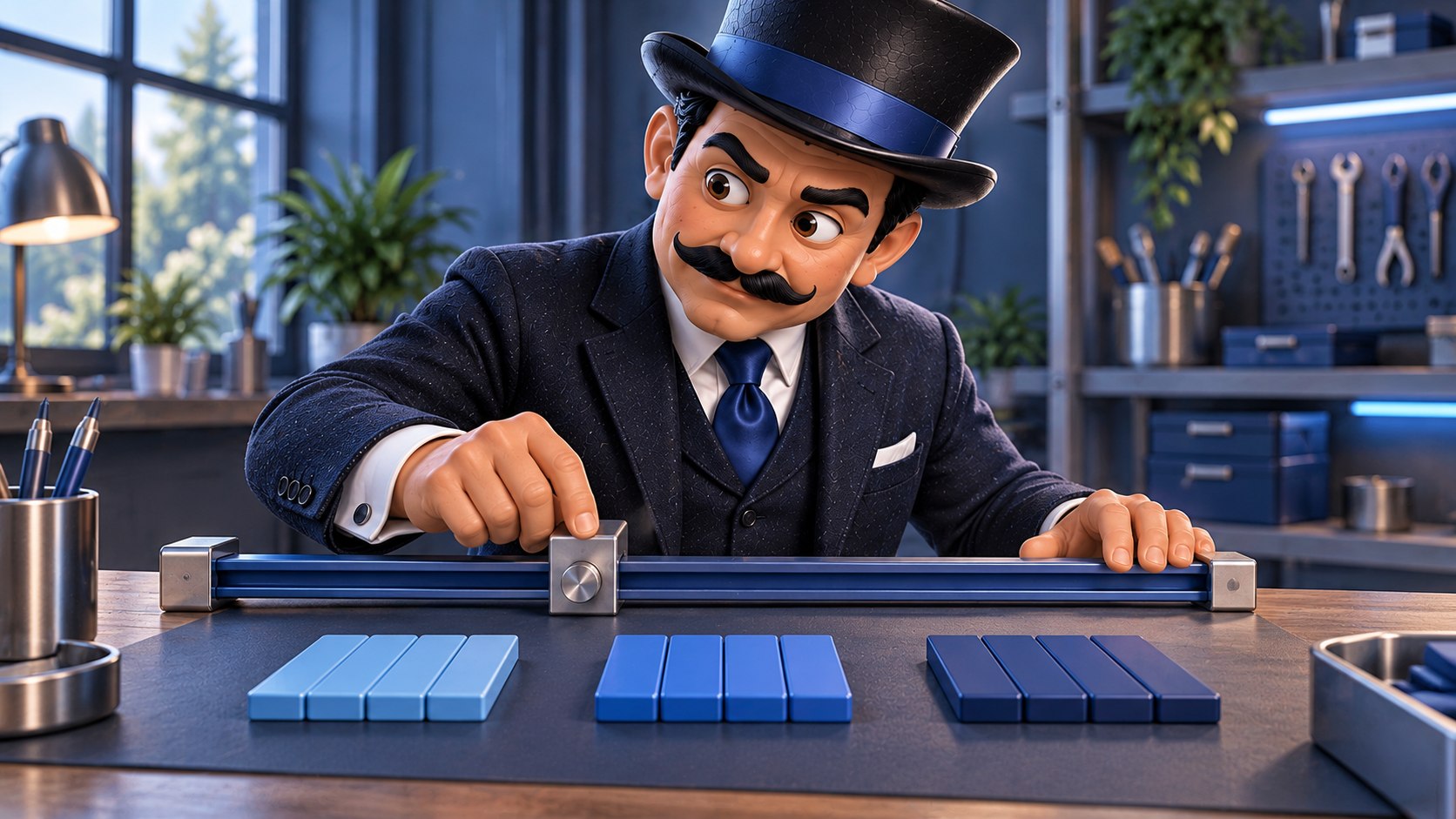 Satoshi ajusta un tope metálico en una guía azul junto a varias piezas, con expresión técnica y concentrada.