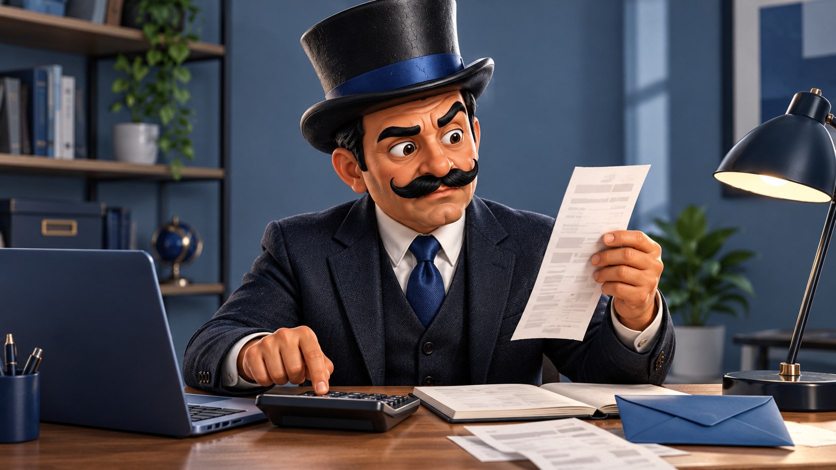 Satoshi revisa un justificante junto a una calculadora y un sobre azul, con gesto crítico.