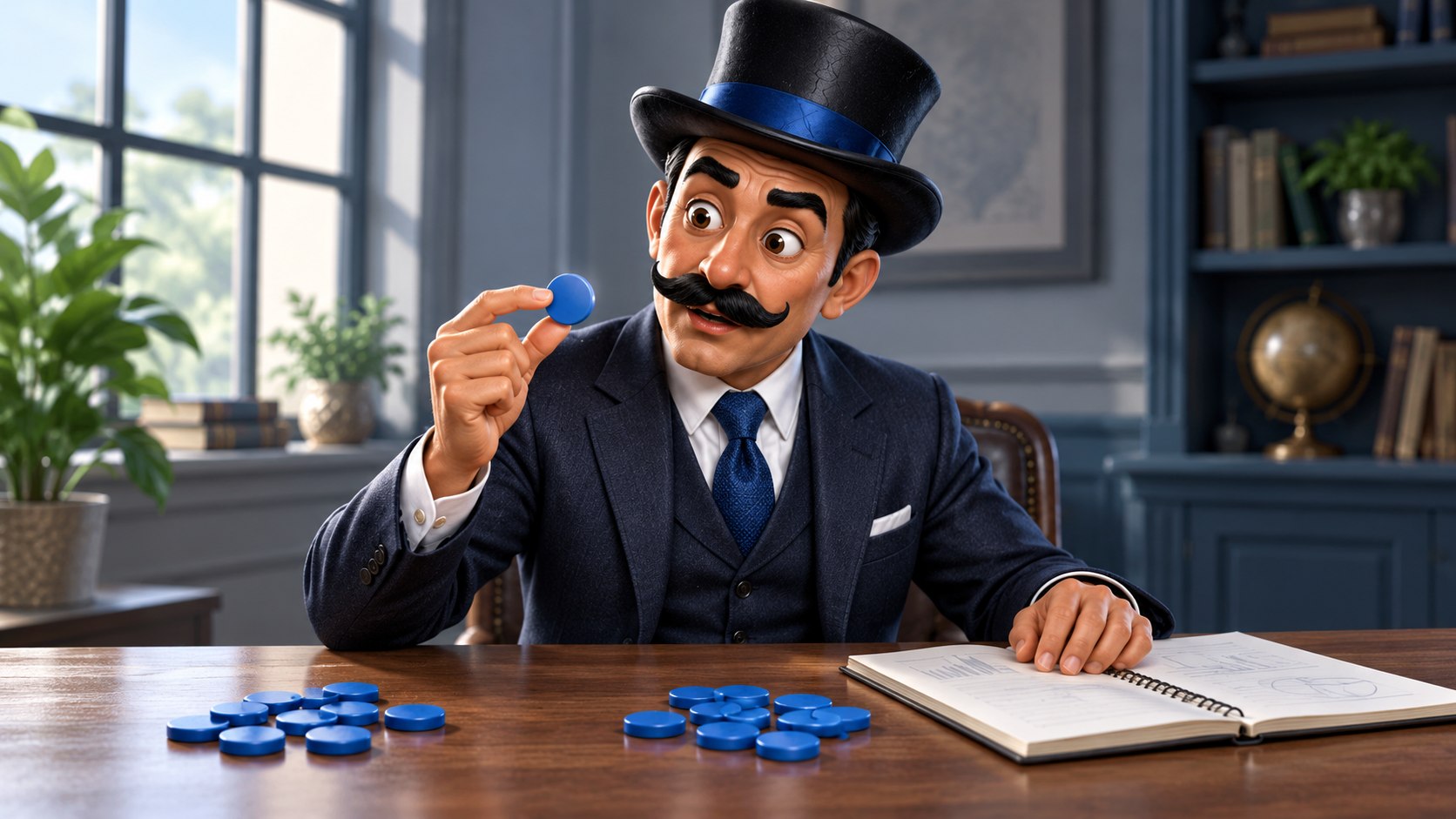 Satoshi examina grupos de fichas azules y un cuaderno, con expresión de sorpresa moderada.