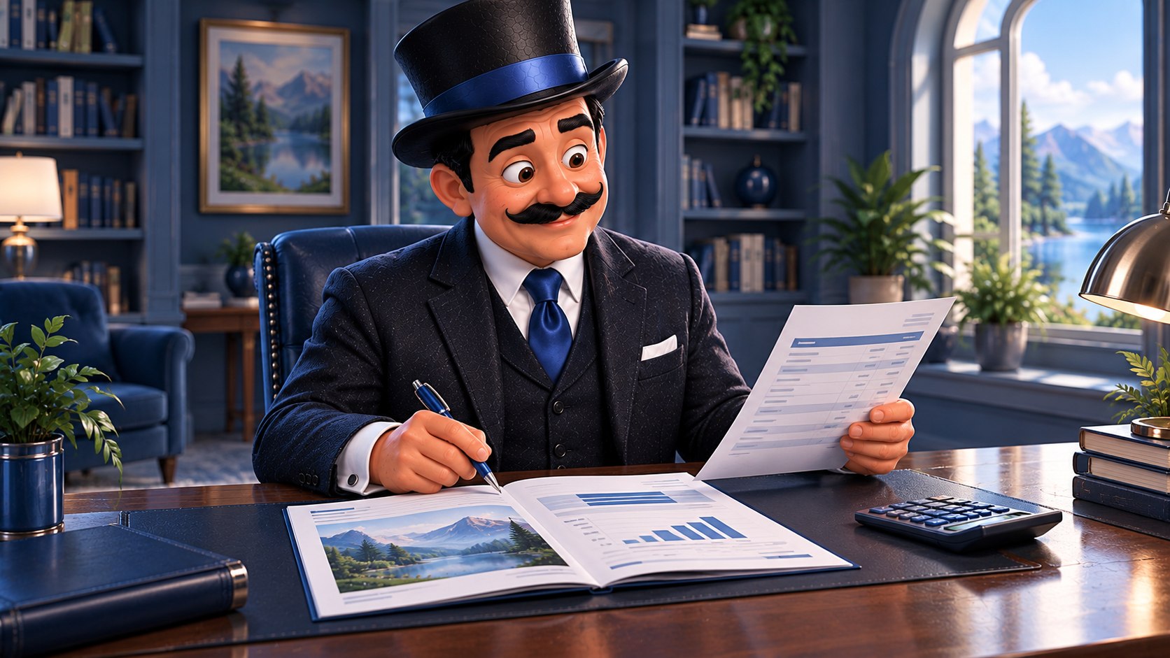 Satoshi contrasta un folleto y un estado de inversión con un bolígrafo azul, con una sonrisa discreta.